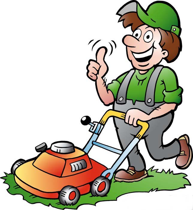 Vector Illustration Of An Happy Gardener With His Lawnmower