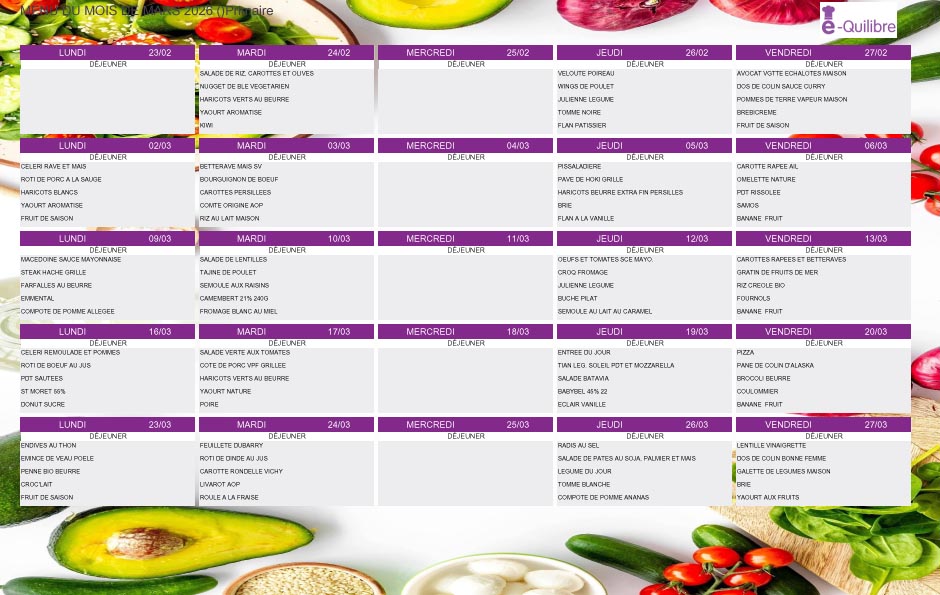 MENU CANTINE SCOLAIRE MARS 2026