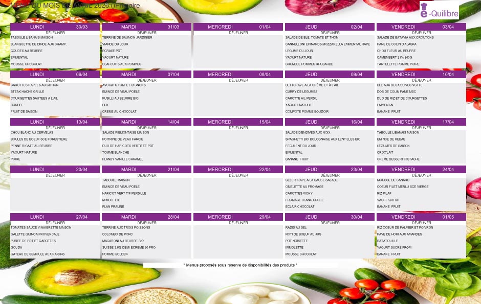 CANTINE SCOLAIRE – AVRIL 2026