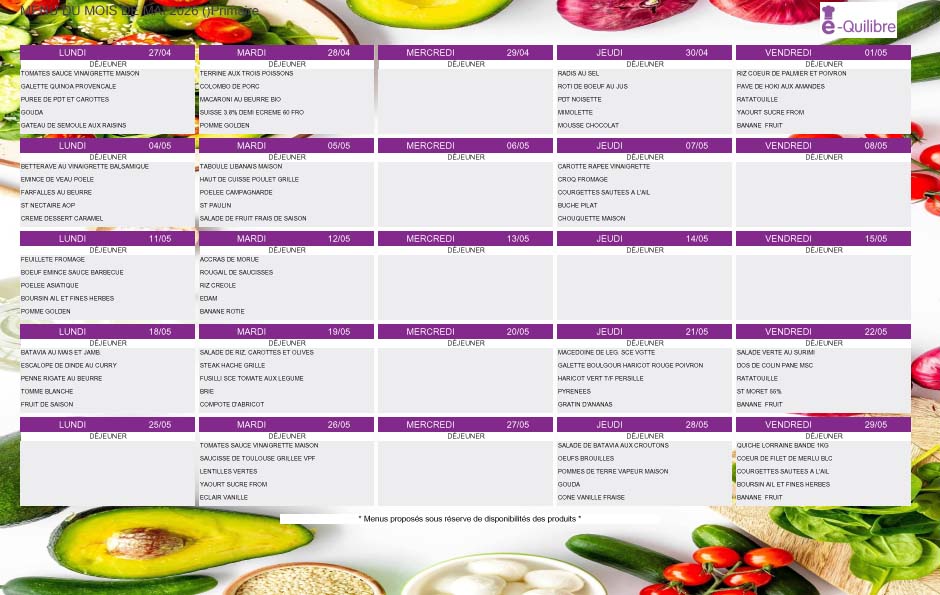 MENU CANTINE SCOLAIRE MAI 2026