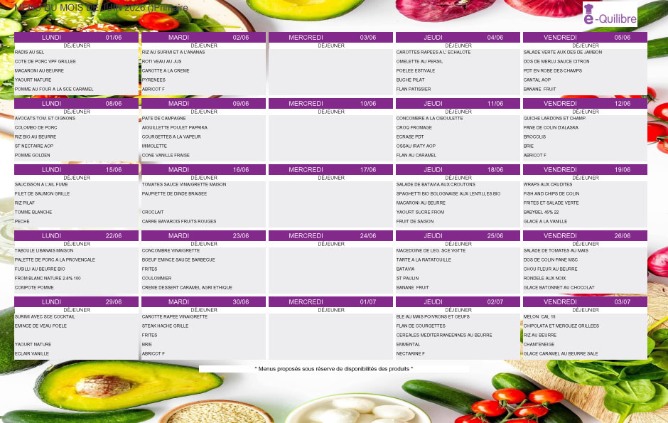 MENU CANTINE SCOLAIRE JUIN 2026