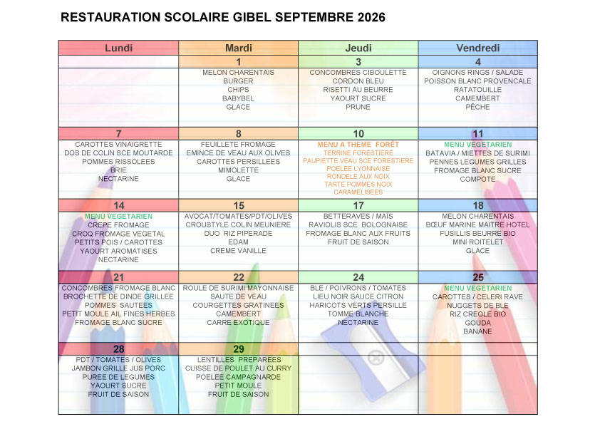 MENU SEPTEMBRE 2026 CANTINE SCOLAIRE