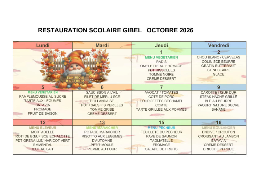 MENU CANTINE SCOLAIRE OCTOBRE 2026